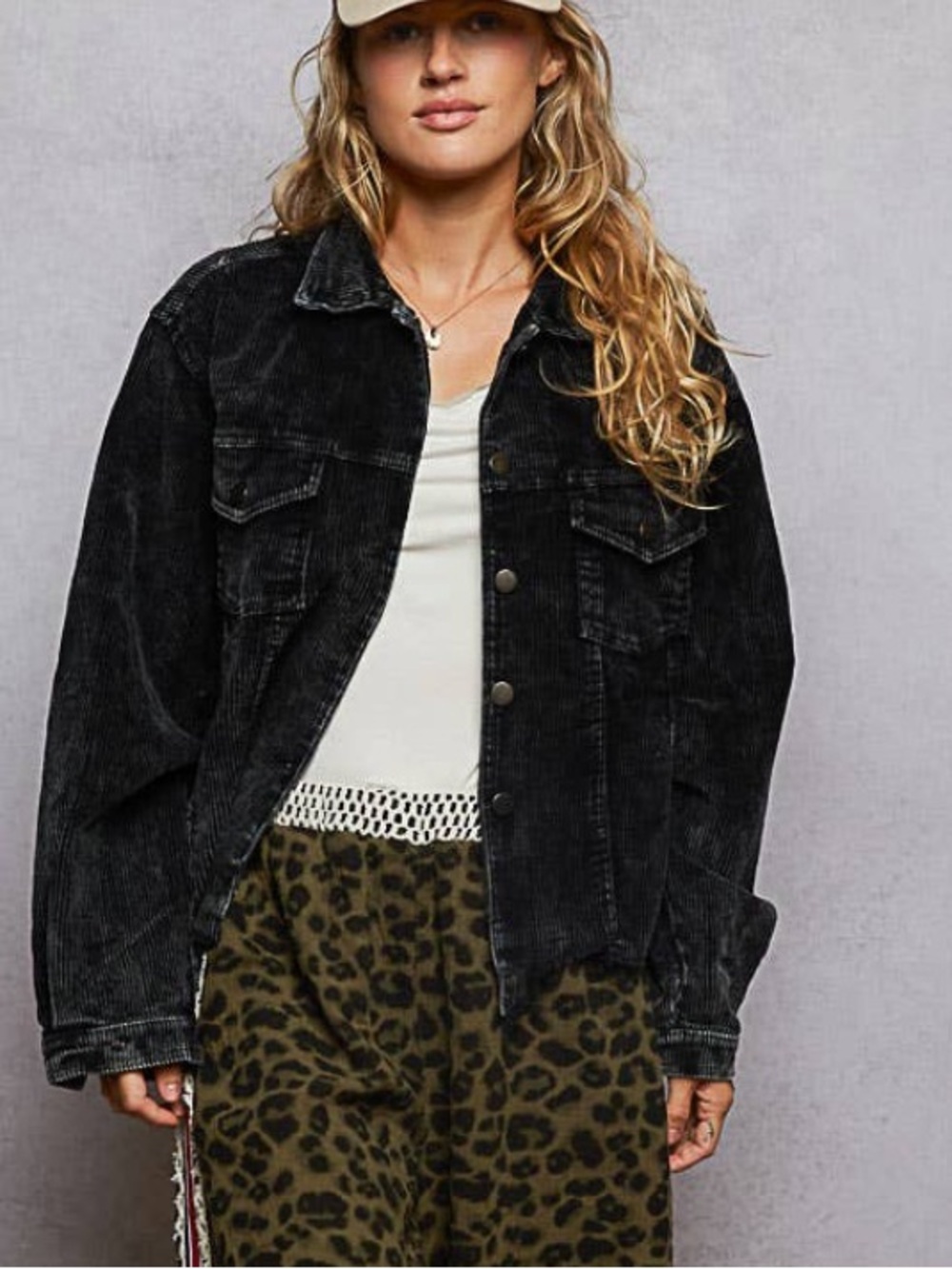 POL Frayed Hem Black Washed Corduroy Trucker Jacket
